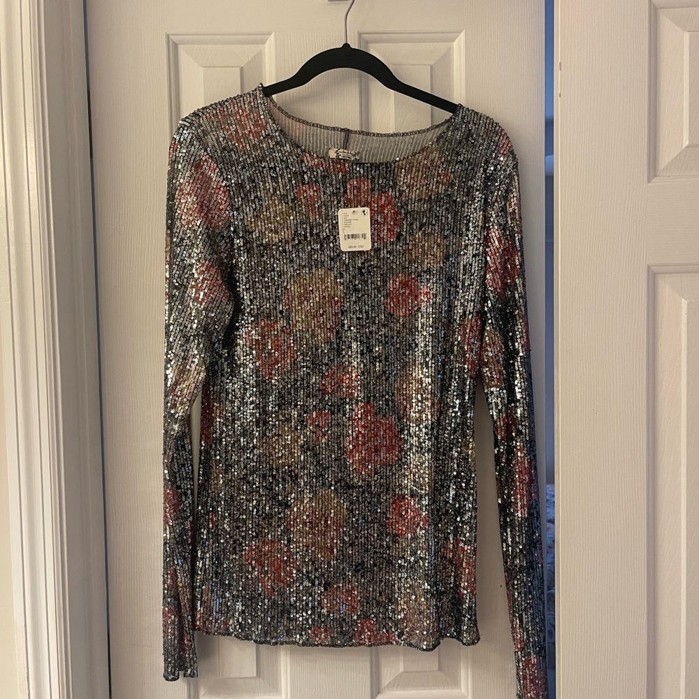 Free People Sequin Blouse with floral motif